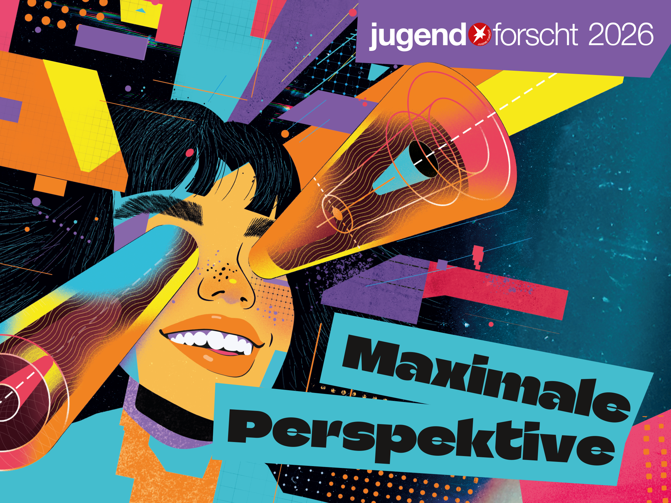 buntes Plakat Jugend forscht mit Titel "Maximale Perspektive" und einem Gesicht drauf